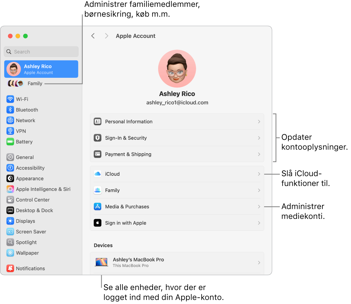 Indstillingerne til Apple-konto i Systemindstillinger med billedforklaringer til at opdatere kontooplysninger, slå iCloud-funktioner til og fra, administrere mediekonti samt Familie, hvor du kan administrere familiemedlemmer, børnesikring, køb m.m.