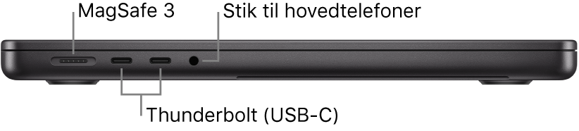 Den venstre side af en 14" MacBook Pro med billedforklaringer til MagSafe 3-porten, de to Thunderbolt 4-porte (USB-C) og stikket til hovedtelefoner.