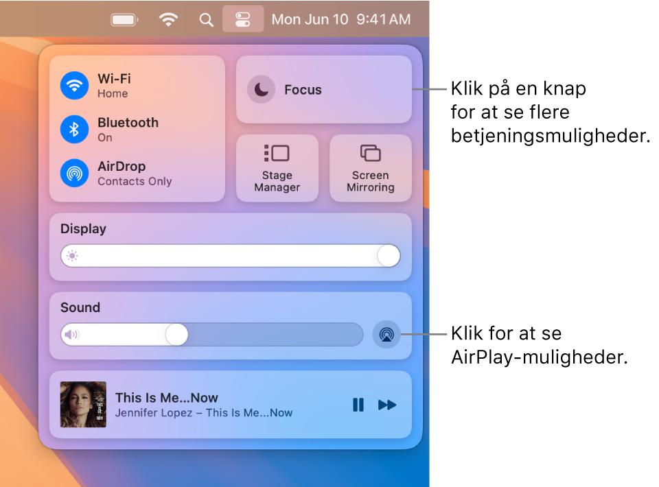 Der er zoomet ind på Kontrolcenter på din Mac, og der er en billedforklaring til knappen Skærm.