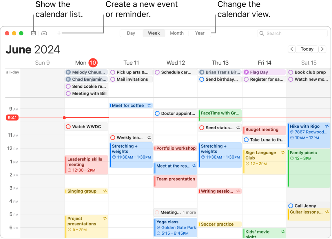 A Calendar window showing all of the events and reminders scheduled for the week. Arrows point to the buttons that show the calendar list, create an event or reminder, and change the view to Day, Week, Month, or Year.