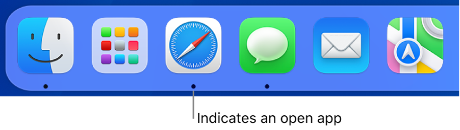 A portion of the Dock showing black dots beneath open apps.