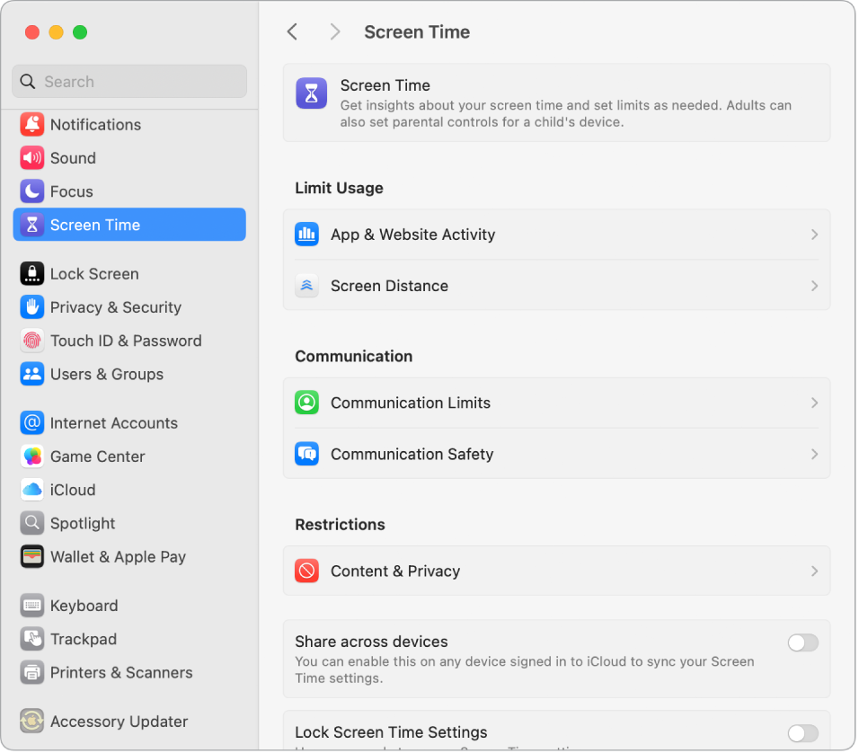 A Screen Time settings window showing options to see App Usage, Notifications, and Pickups, as well as options for managing Screen Time, like scheduling Downtime, setting App and Communication Limits, and more.