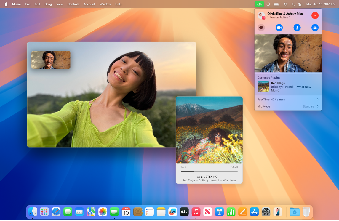 The FaceTime window showing a call with the participants using SharePlay to listen to an album together.