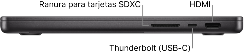 Vista lateral derecha de una MacBook Pro de 14 pulgadas con textos que indican la ranura para tarjetas SDXC, un puerto Thunderbolt 4 (USB-C) y el puerto HDMI.