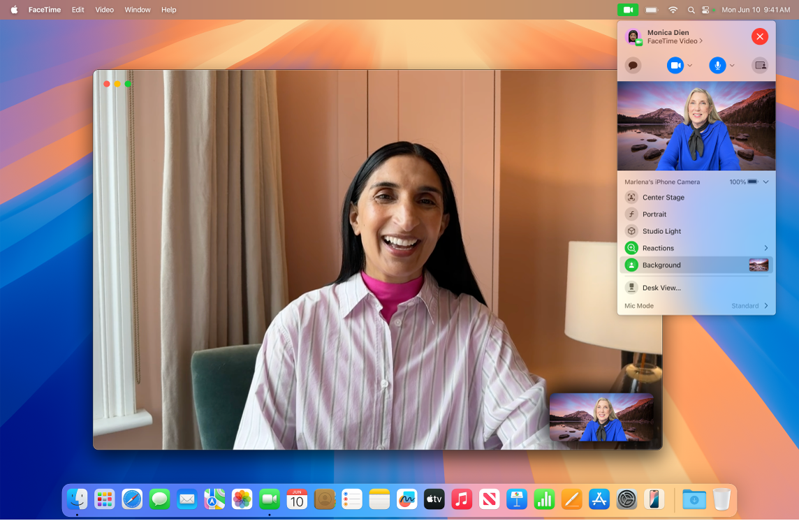 Una ventana de FaceTime mostrando efectos de video, incluidos botones para reemplazar tu fondo.