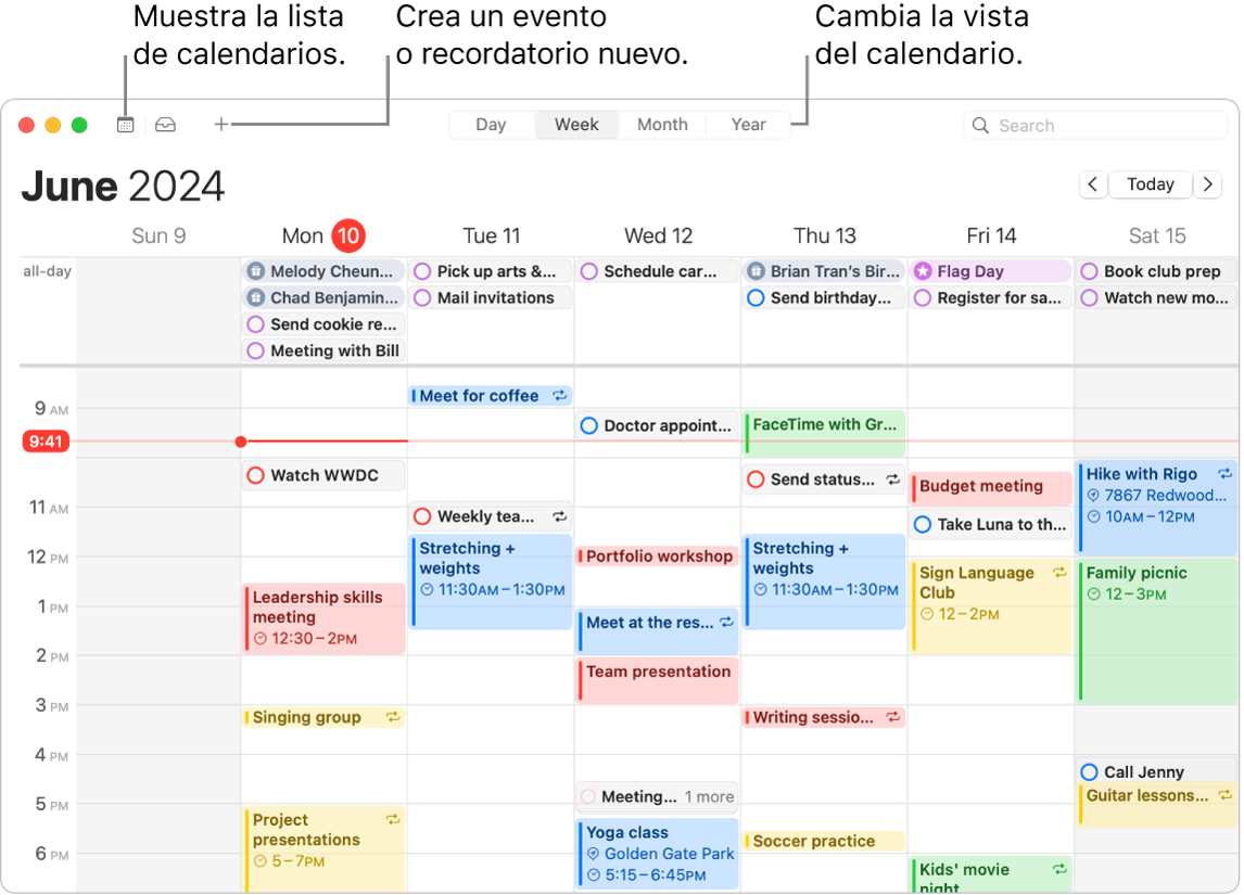 Una ventana de Calendario mostrando todos los eventos y recordatorios programados para la semana. Las flechas apuntan a los botones que muestran la lista de calendarios, crean un evento o recordatorio y cambian la vista a Día, Semana, Mes o Año.