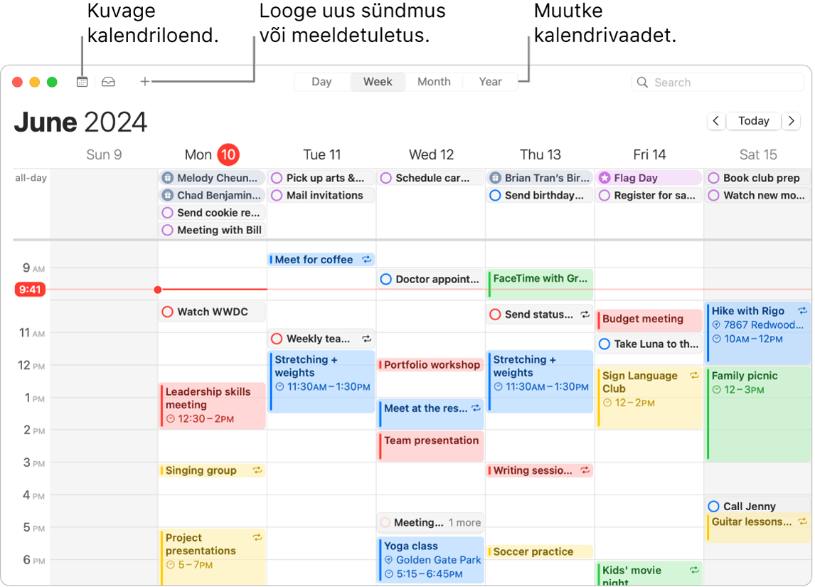 Rakenduse Calendar aknas kuvatakse kõiki nädala sündmusi ja meeldetuletusi. Nooled osutavad nuppudele, millega saab kuvada kalendriloendi, luua sündmuse või meeldetuletuse või valida vaate Day, Week, Month või Year.