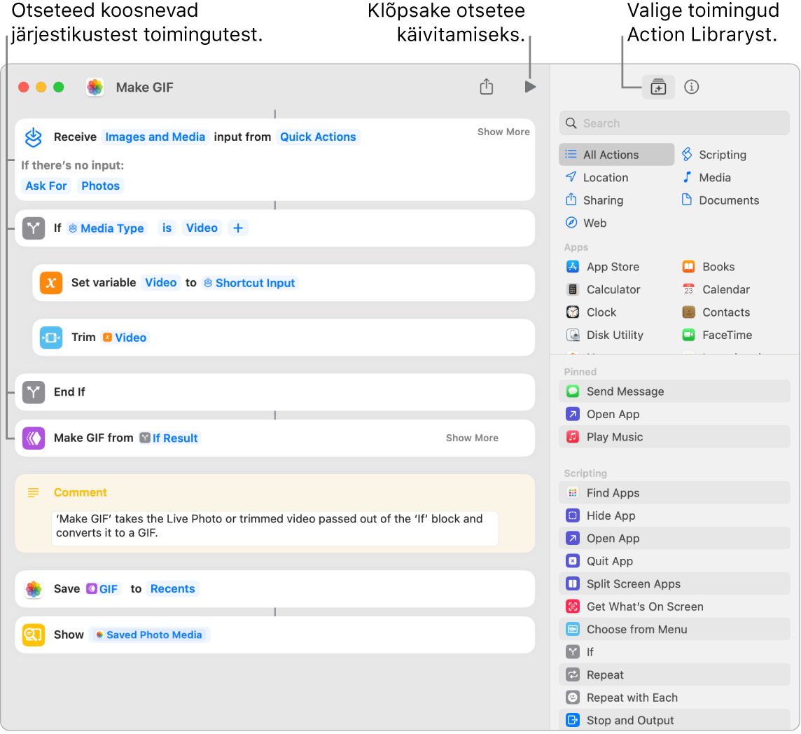 Otsetee töötleja Make GIF vasakul ning Action Library paremal.