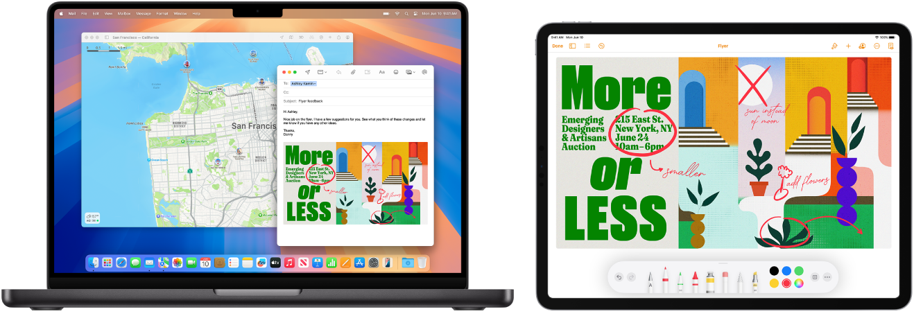 Un MacBook Pro et un iPad l’un à côté de l’autre. L’écran de l’iPad présente un prospectus avec des annotations. L’écran du MacBook Pro affiche un message Mail, avec comme pièce jointe le prospectus annoté de l’iPad.