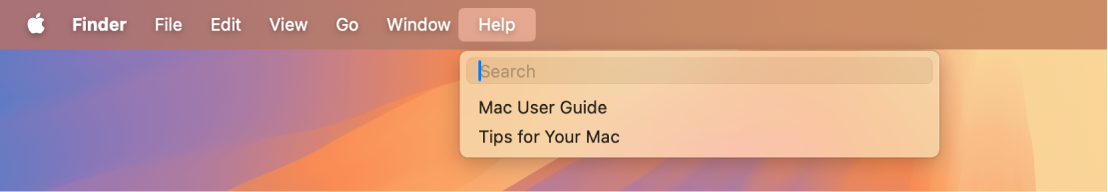 Un bureau partiel avec un menu Aide ouvert, affichant les options de menu pour Recherche et Aide macOS.