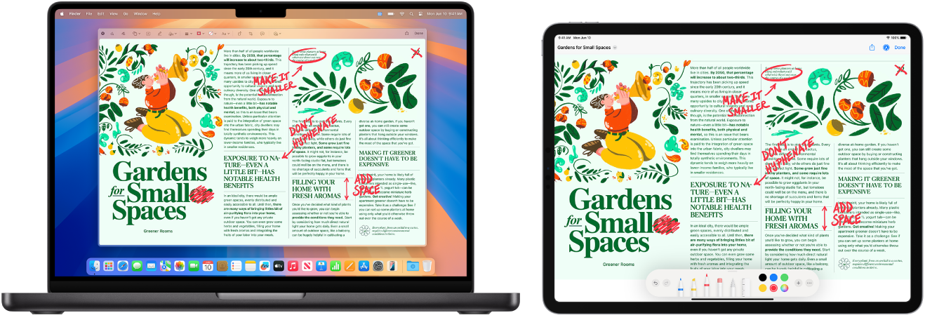 Un MacBook Pro et un iPad côte à côte. Le MacBook Pro affiche une illustration dans la fenêtre de navigateur d’Illustrator. L’iPad affiche la même illustration dans la fenêtre de document d’Illustrator, entourée par des barres d’outils.