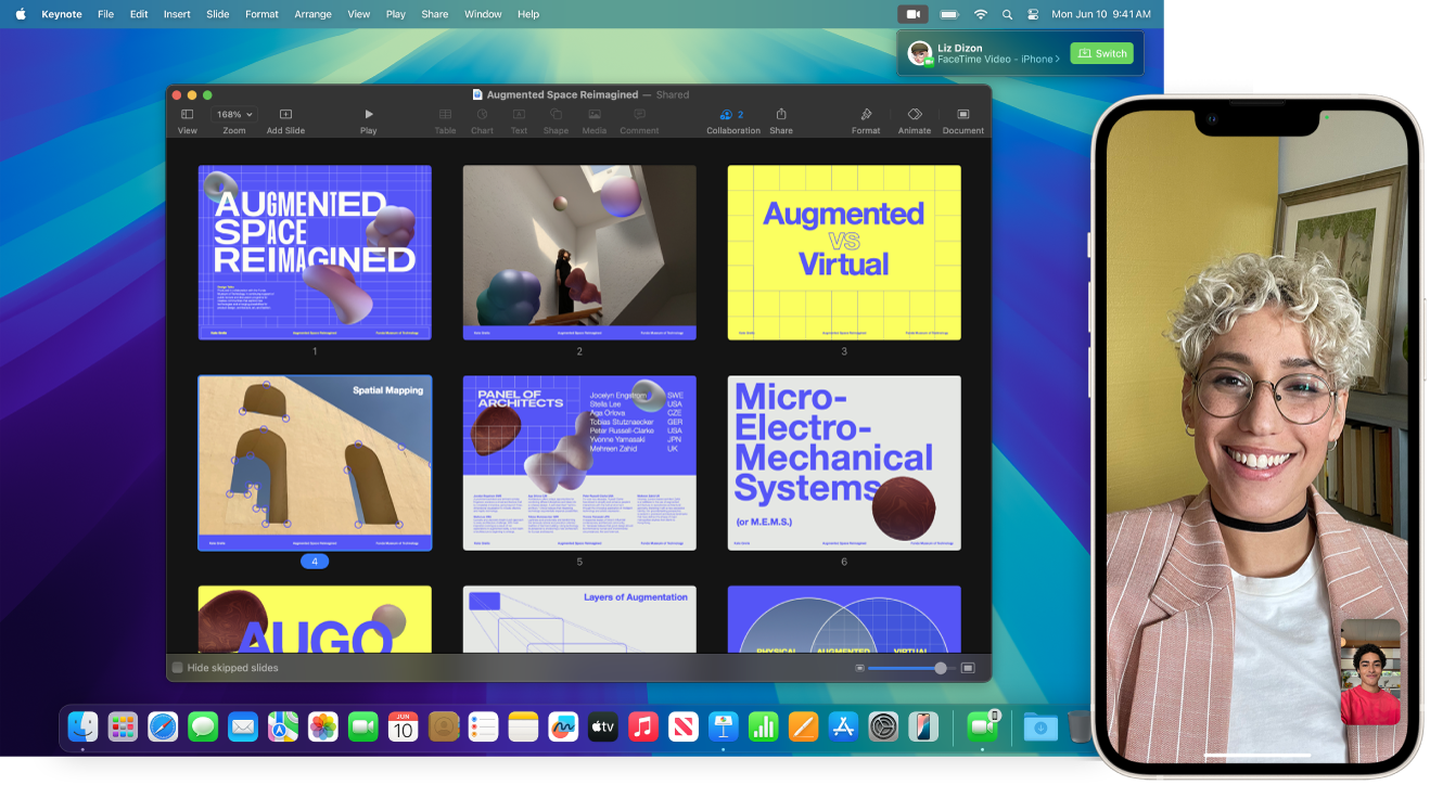 FaceTime poziv na iPhoneu pored radne površine računala Mac s otvorenim prozorom aplikacije Keynote. U gornjem desnom kutu računala Mac nalazi se tipka za prebacivanje FaceTime poziva na Mac.