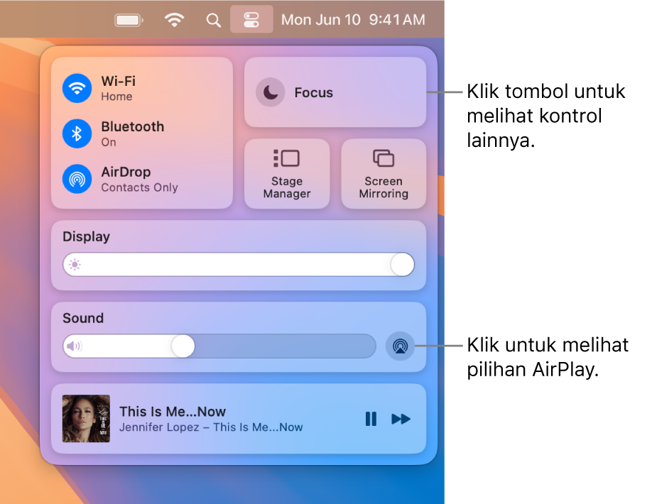 Tampilan Pusat Kontrol yang diperbesar di Mac Anda dengan keterangan untuk tombol Layar.