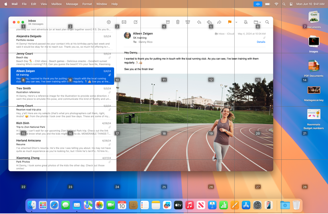 Mail dibuka di Desktop dengan lapisan atas grid.