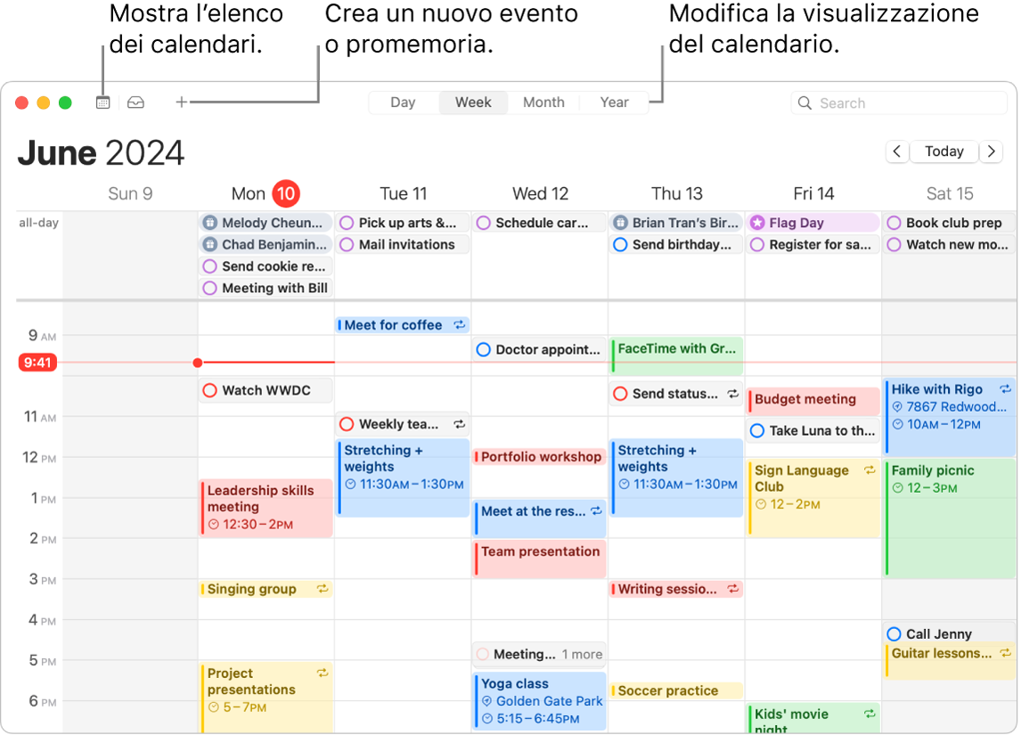 Una finestra di Calendario che mostra tutti gli eventi e i promemoria programmati per la settimana. Le frecce indicano i pulsanti che mostrano l’elenco del calendario, creano un evento o un promemoria e cambiano la visualizzazione in Giorno, Settimana, Mese o Anno.