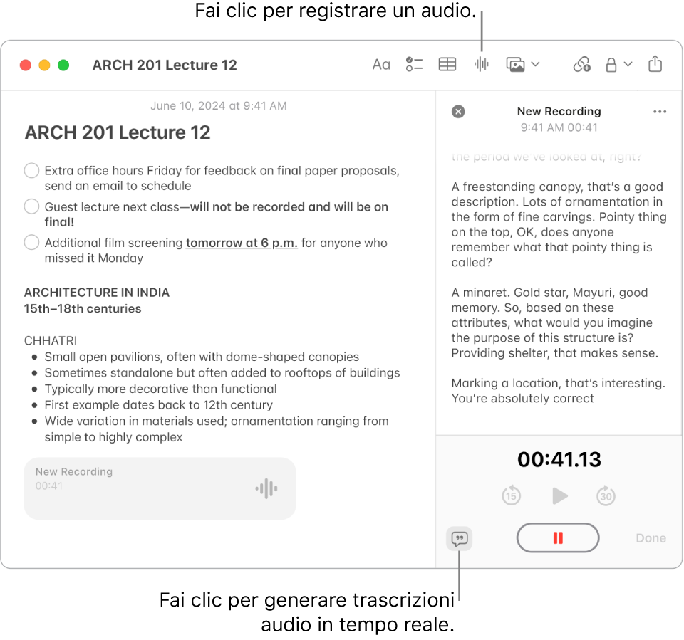 Una finestra di Note che mostra una nota con una lista di controllo, un elenco puntato e una registrazione audio. La schermata “Dettagli audio” è aperta e mostra la trascrizione della registrazione audio.