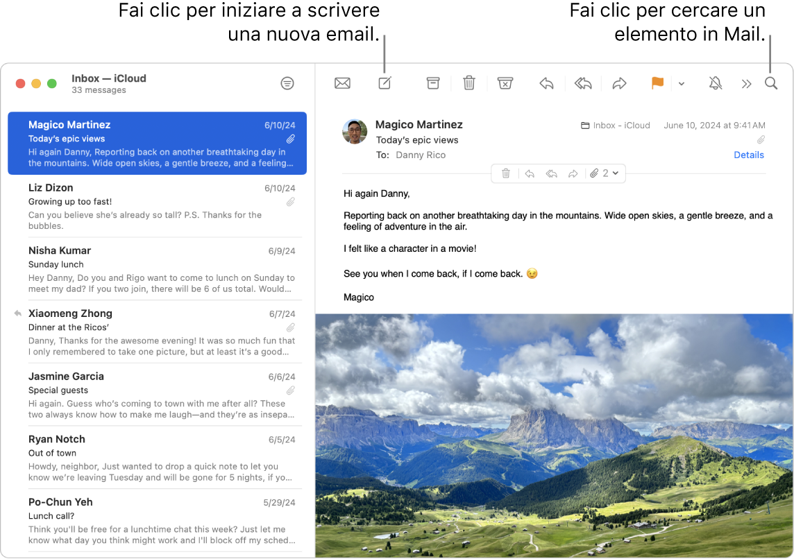 Una finestra di Mail che mostra l’elenco dei messaggi accanto alla barra laterale e il contenuto del messaggio selezionato sulla destra. Una didascalia punta al campo di ricerca.