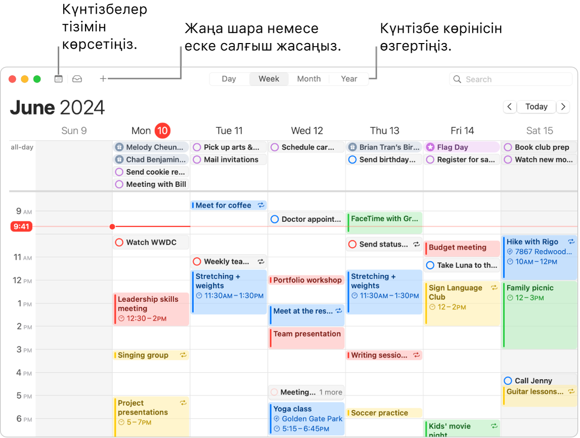 Аптаға жоспарланған барлық шаралар мен еске салғыштарды көрсетіп тұрған Calendar терезесі. Көрсеткілер күнтізбе тізімін көрсететін, шара немесе еске салғыш жасайтын және көріністі Day, Week, Month немесе Year көрінісіне өзгертетін түймелерді көрсетеді.