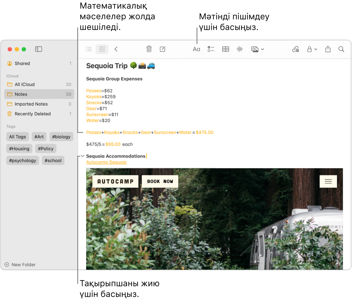 Sequoia Camp шығындары үшін есептеулерді, веб-сайтқа мәтін сілтемелерін және орындардың суреттерін көрсетіп тұрған Notes қолданбасының терезесі.