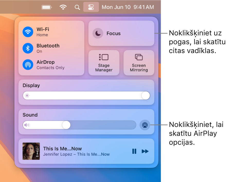 Pietuvināts izvēlnes Notification Center skats Mac datorā ar remarku pie pogas Display.