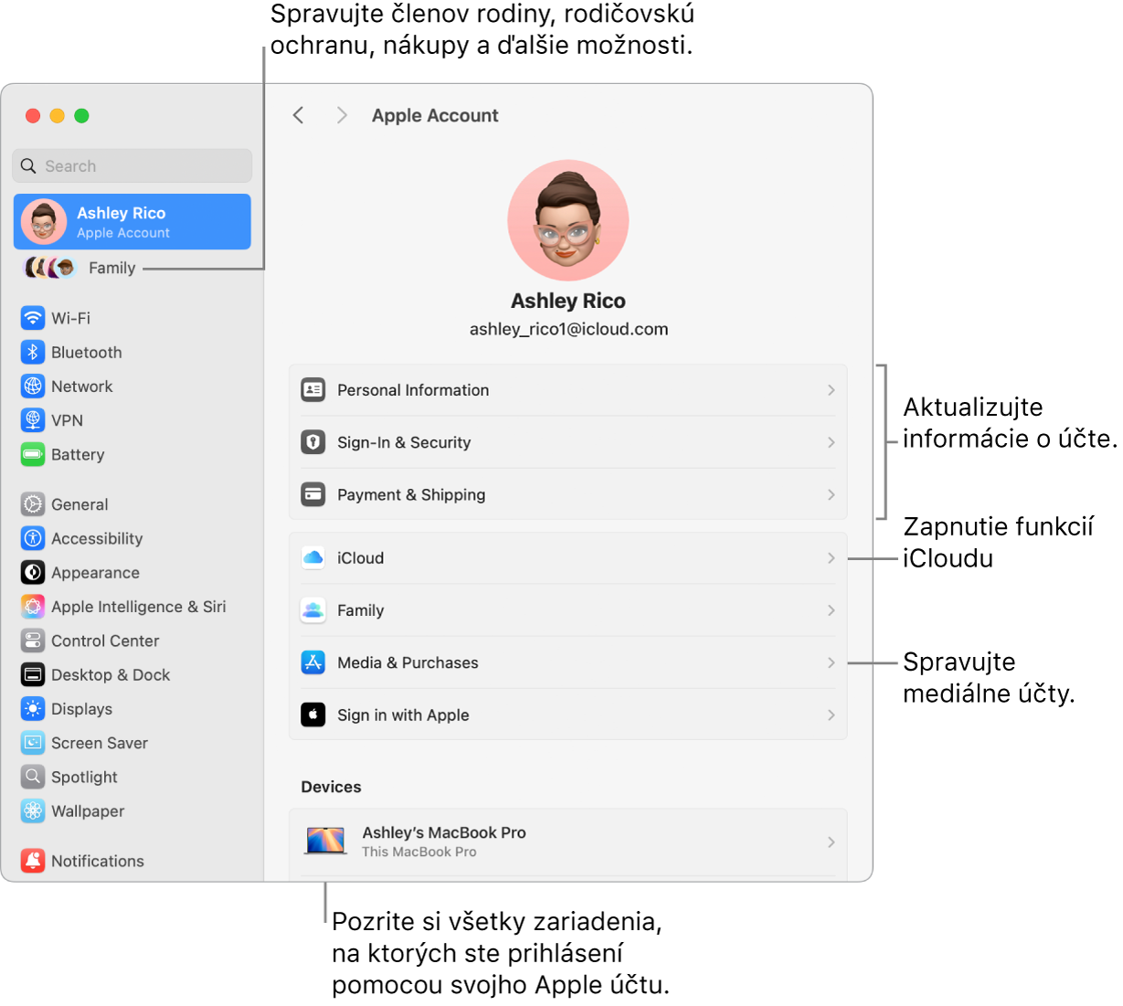 Nastavenia Apple účet v Systémových nastaveniach s popismi na aktualizáciu informácií o účte, zapnutie alebo vypnutie funkcií iCloudu, správu mediálnych účtov a položku Rodina, kde môžete spravovať členov rodiny, rodičovskú ochranu, nákupy a ďalšie možnosti.