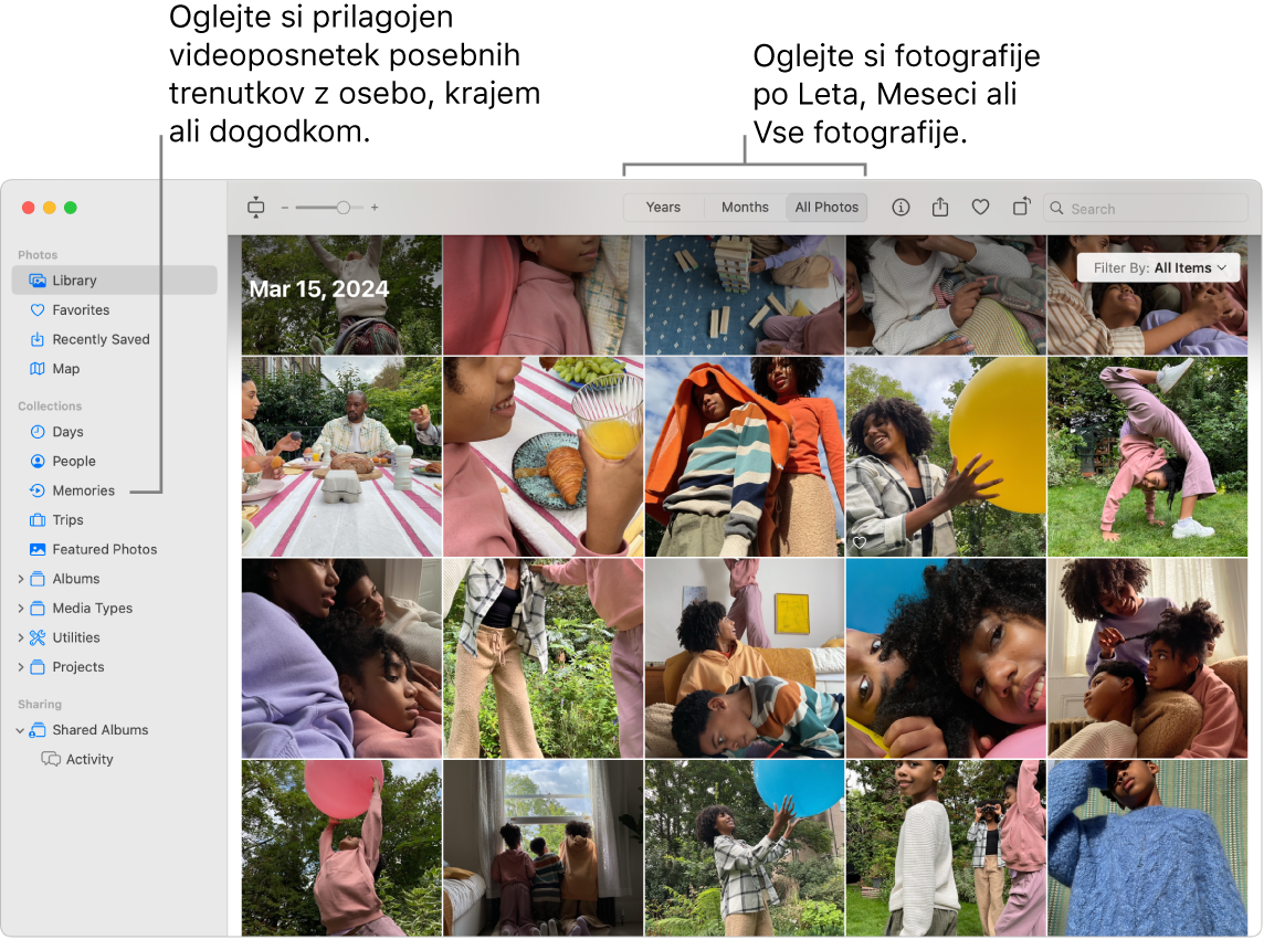 Okno aplikacije Photos, v katerem je v levi stranski vrstici prikazana funkcija Memories, na vrhu okna aplikacije Photos pa je pojavni meni, v katerem si lahko ogledate fotografije v svojem albumu po dnevu, mesecu ali letu.