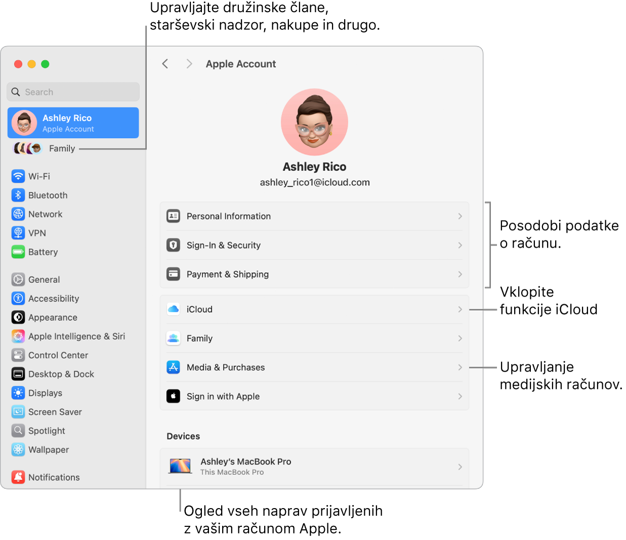 Nastavitve računa Apple v Nastavitvah sistema z oblački za posodobitev informacij o računu, vklop ali izklop funkcij iCloud, upravljanje predstavnostnih računov in Družina, kjer lahko upravljate družinske člane, starševski nadzor, nakupe in več.