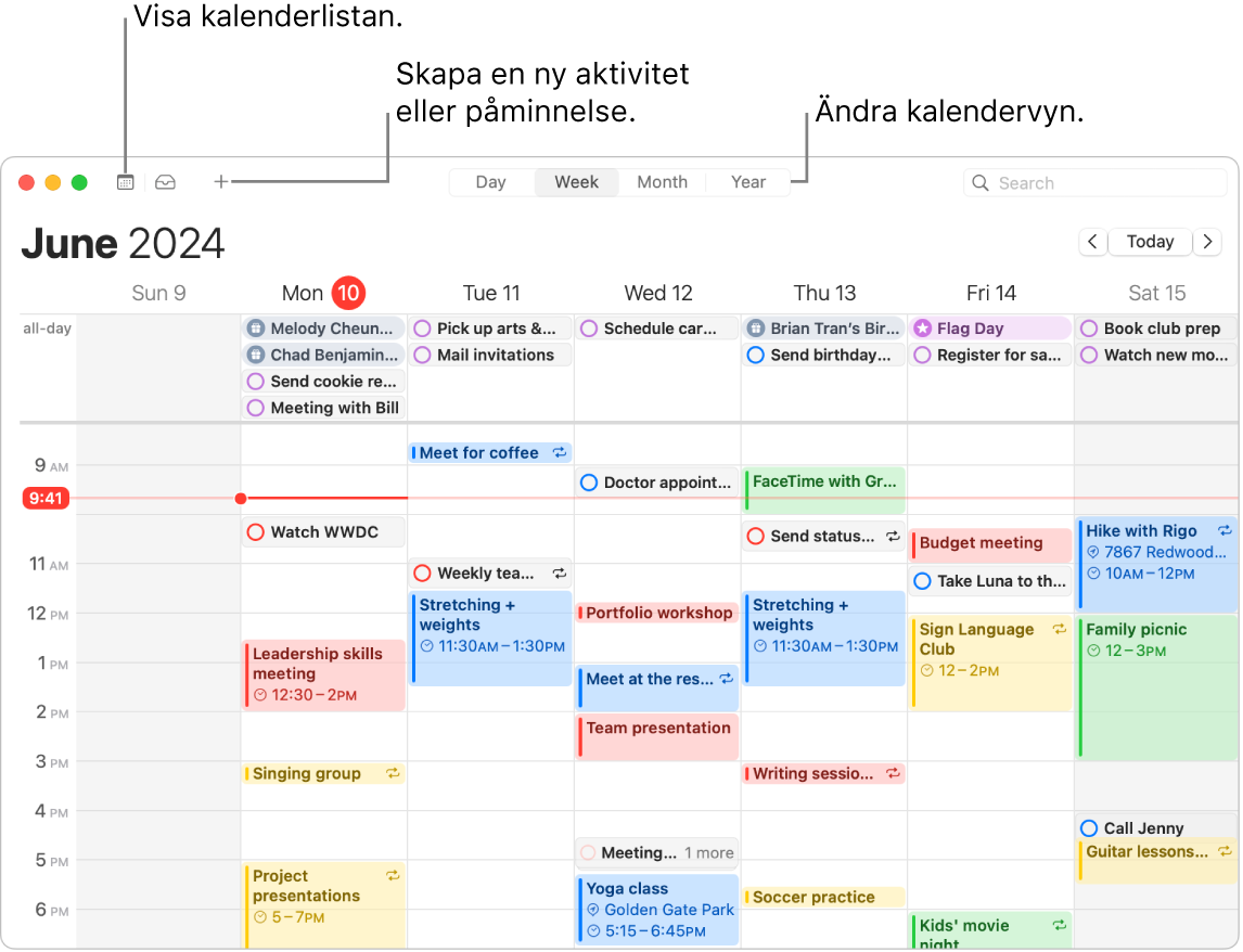 Ett Kalender-fönster visar alla aktiviteter och påminnelser som är schemalagda under veckan. Pilar pekar mot knapparna som visar kalenderlistan, skapar en aktivitet eller påminnelse och ändrar vyn till dag, vecka, månad eller år.