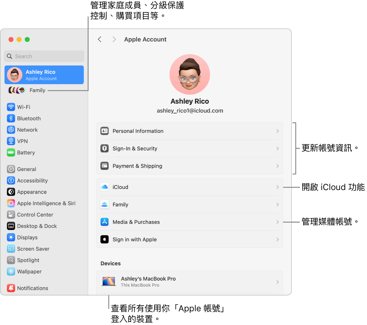 「系統設定」中的「Apple 帳號」設定包含更新帳號資訊、開啟或關閉 iCloud 功能、管理媒體帳號以及可管理家庭成員、分級保護控制、購買項目和更多內容的「家人共享」的說明框。