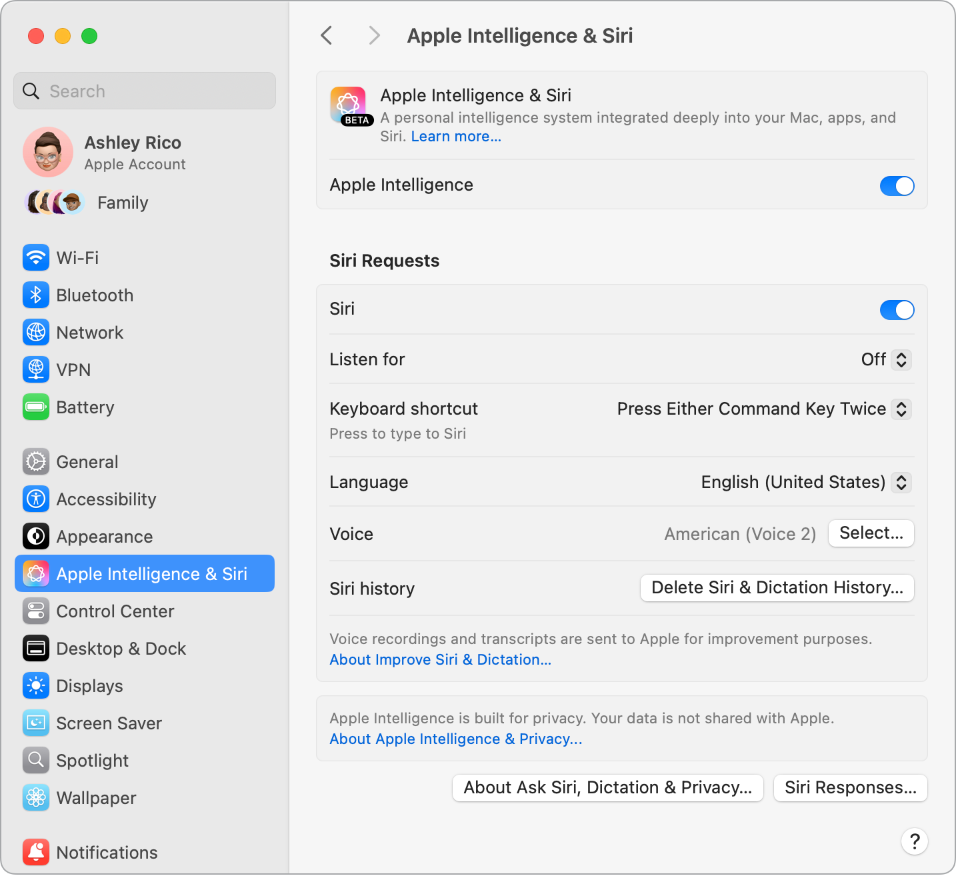 「Apple Intelligence 與 Siri」設定視窗顯示已選取 Siri，以及右側自訂 Siri 的數個選項