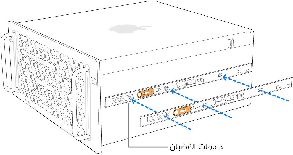 كمبيوتر Mac Pro ويتم ربط قضيب داخلي بجانبه.