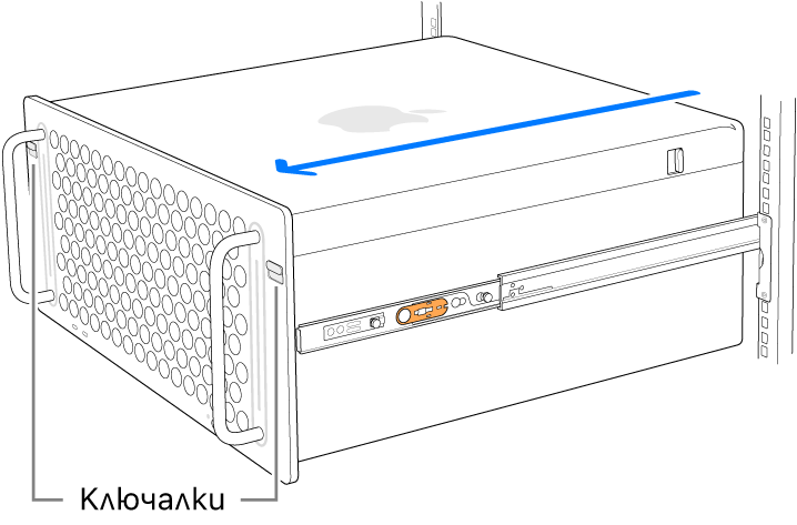 Mac Pro върху релси, прикрепени към рафт.