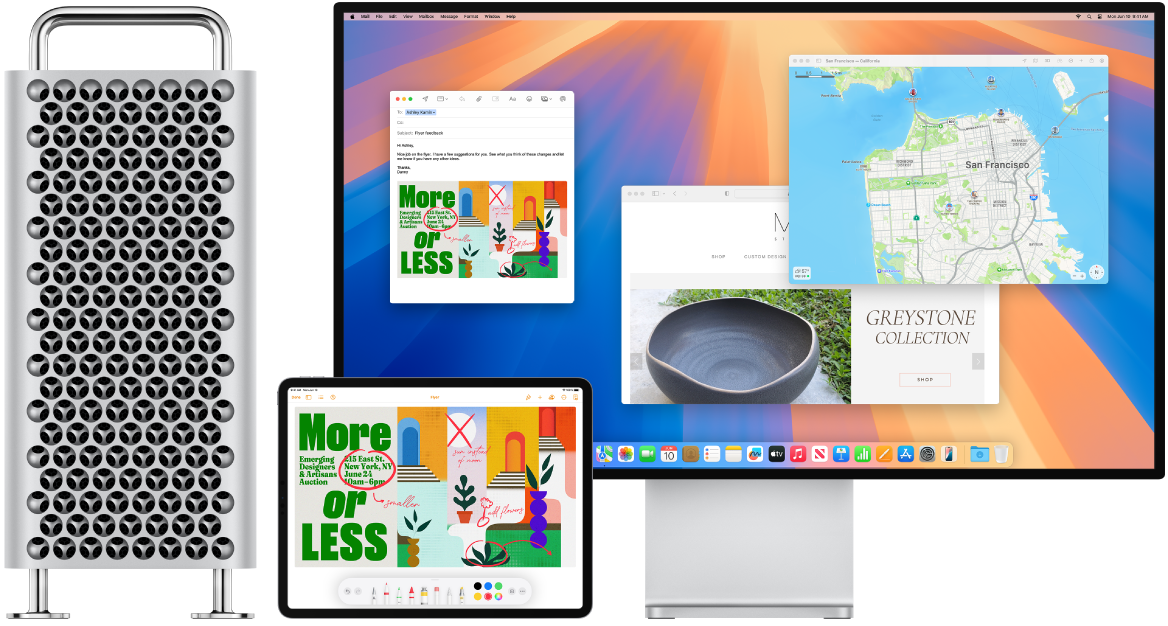 Un Mac Pro i un iPad, l’un al costat de l’altre. A la pantalla de l’iPad es veu un fullet amb anotacions. A la pantalla del Mac Pro hi ha un missatge del Mail que conté el fullet amb anotacions de l’iPad en forma d’adjunt.
