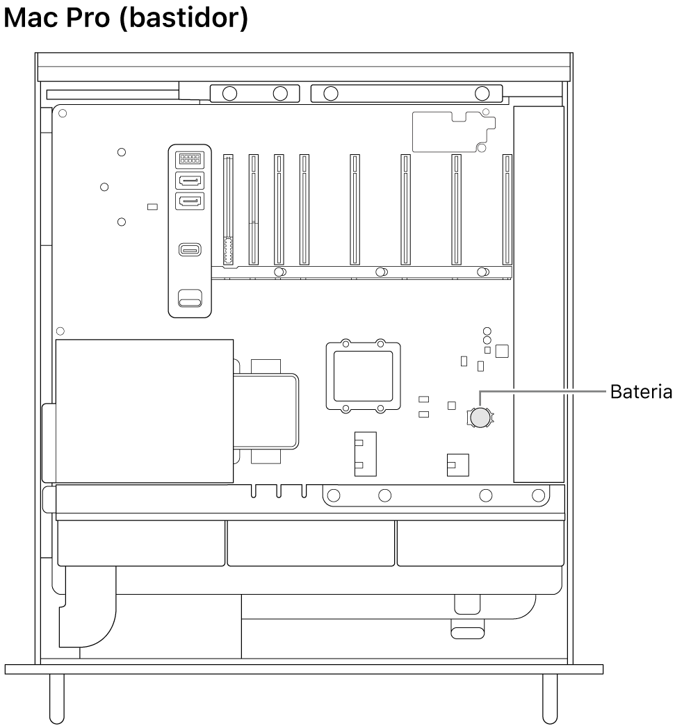 Vista lateral de l’interior d’un Mac Pro en què es veu on hi ha la pila de botó.