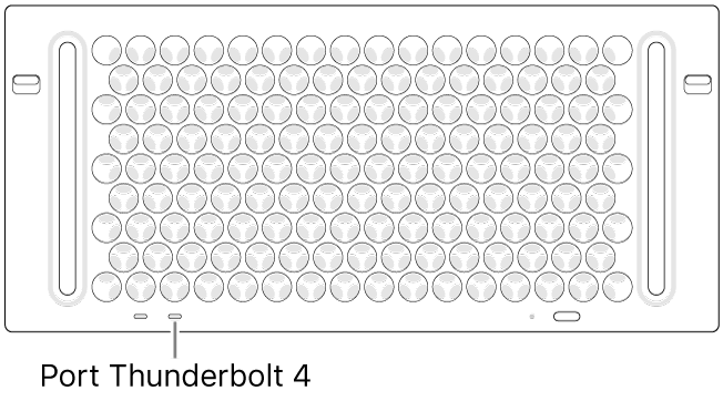 Vista zenital del Mac Pro, en què s’assenyala quin és el port Thunderbolt 4 que s’ha d’utilitzar.