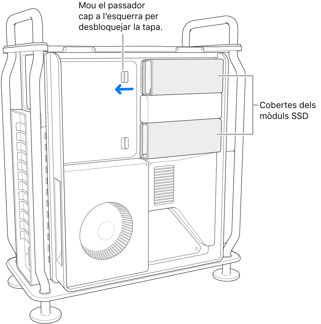 S’està fent lliscar el passador cap a l’esquerra per desbloquejar la coberta de la unitat SSD.