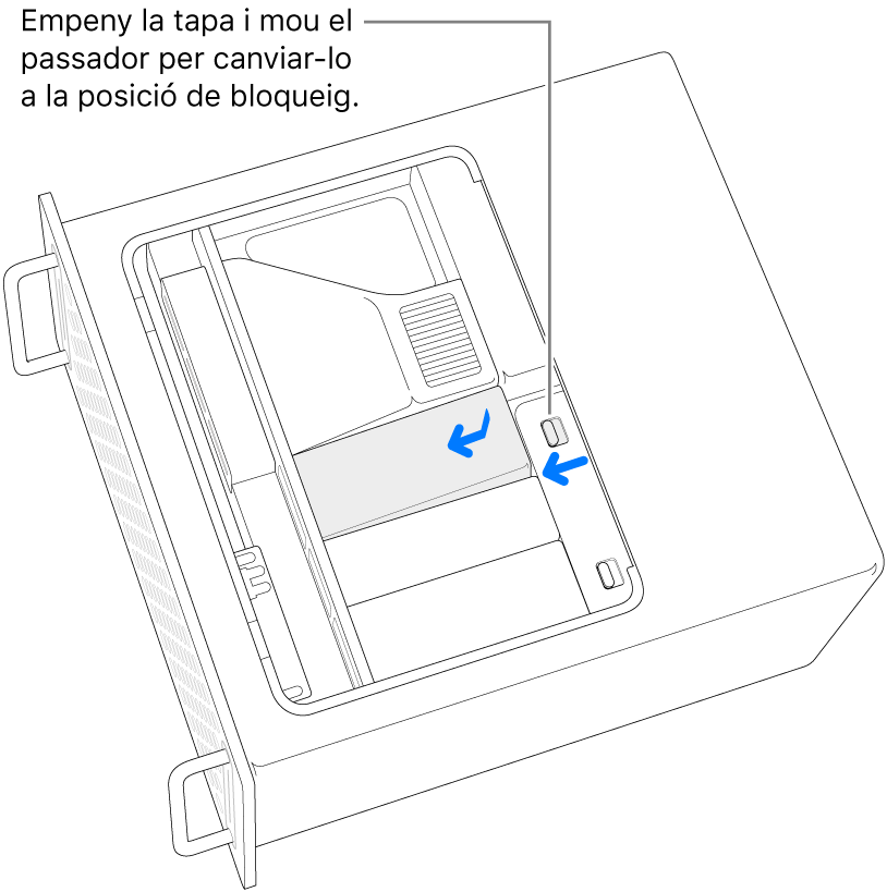 S’estan tornant a col·locar les cobertes de les unitats SSD fent lliscar el passador de bloqueig cap a l’esquerra i prement-lo cap a la coberta.