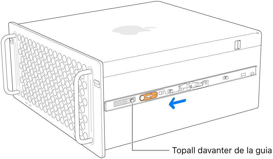 Es fa lliscar cap endavant la guia del Mac Pro, que queda fixada al seu lloc.