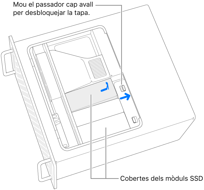 S’està fent lliscar el passador cap a la dreta per desbloquejar la coberta de la unitat SSD.
