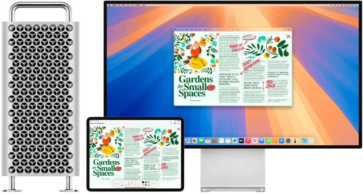Un Mac Pro al costat d’un iPad. A les dues pantalles es veu un article ple de edicions manuscrites de color vermell, per exemple, frases ratllades, fletxes i paraules afegides. L’iPad també té controls de marques a la part inferior de la pantalla.