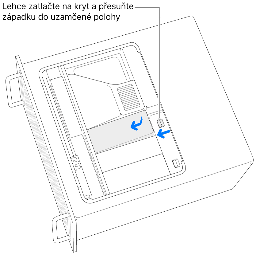 Zpětné uchycení krytů SSD modulů posunutím západky doleva a zatlačením na kryt