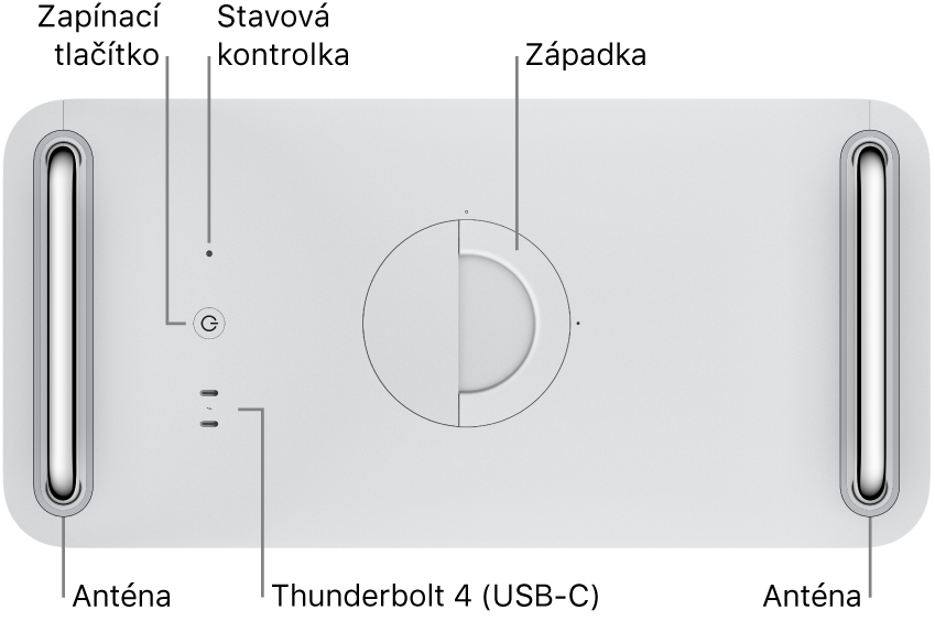 Pohled shora na Mac Pro se zapínacím tlačítkem, stavovou kontrolkou, madlem, dvěma porty Thunderbolt 4 (USB‑C) a dvojicí antén, jednou nalevo a druhou napravo