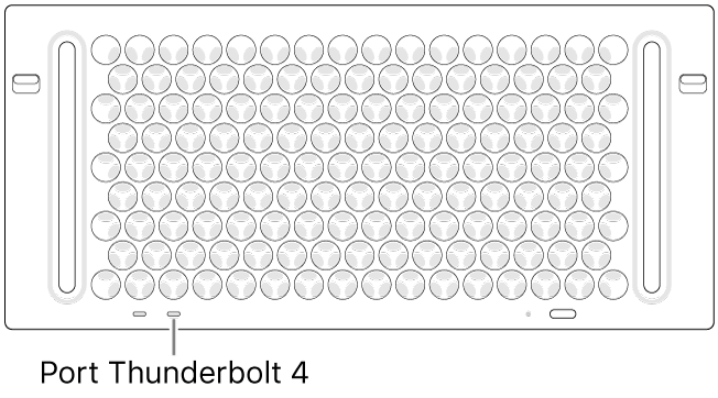 Horní strana Macu Pro s vyznačením správného portu Thunderbolt 4, který je třeba použít