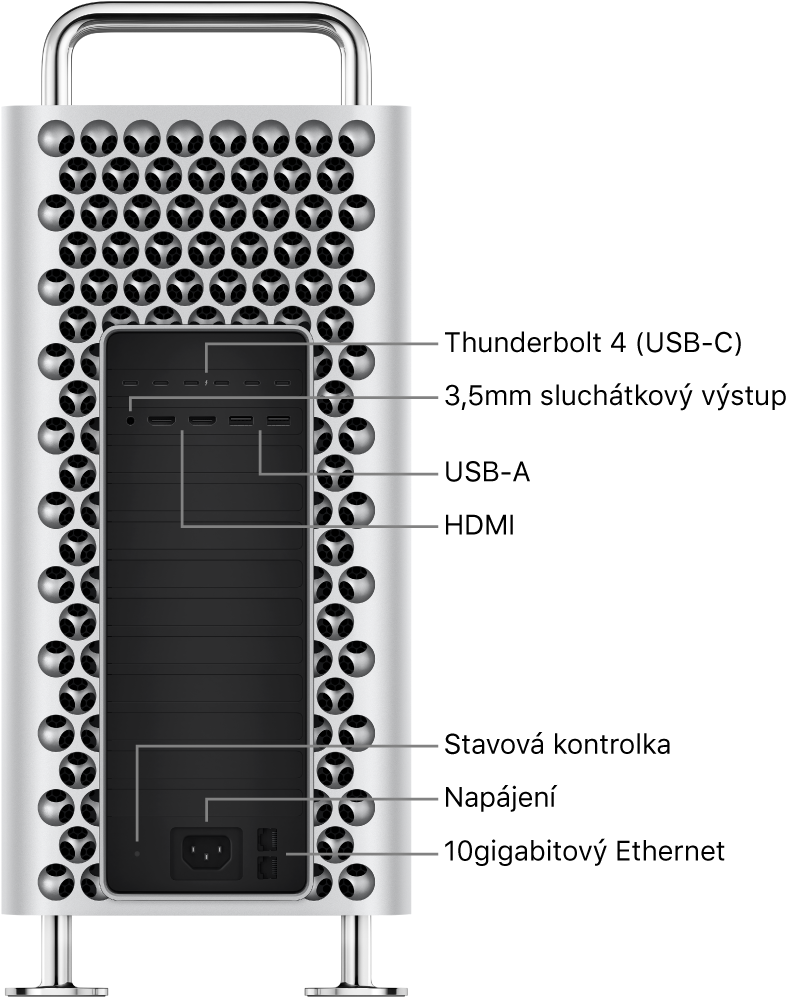 Boční pohled na Mac Pro se šesti porty Thunderbolt 4 (USB‑C), 3,5mm sluchátkovou zdířkou, dvěma USB‑A porty, dvěma HDMI porty, stavovou kontrolkou, napájecím konektorem a dvěma porty 10Gbitového Ethernetu