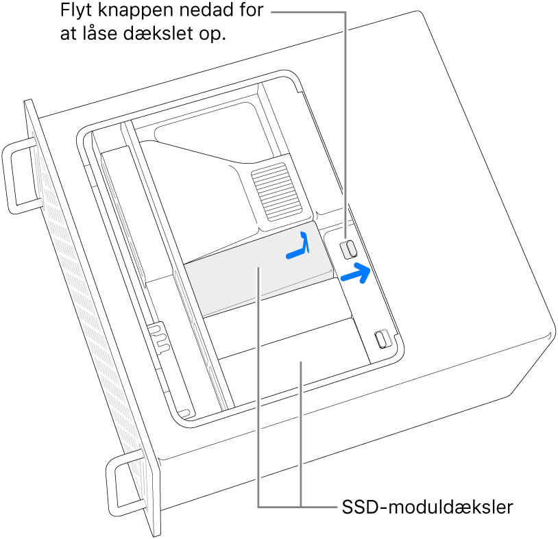 Kontakten skubbes til højre for at låse SSD-dækslet op.