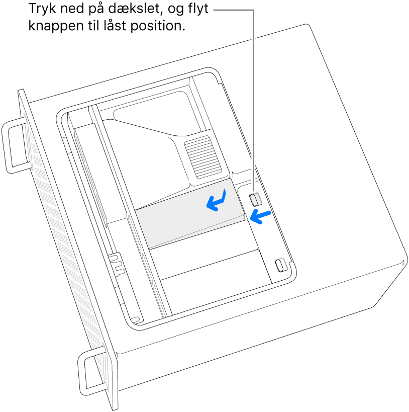 SSD-dækslerne sættes på igen ved at skubbe låseknappen til venstre og trykke ned på SSD-dækslet.