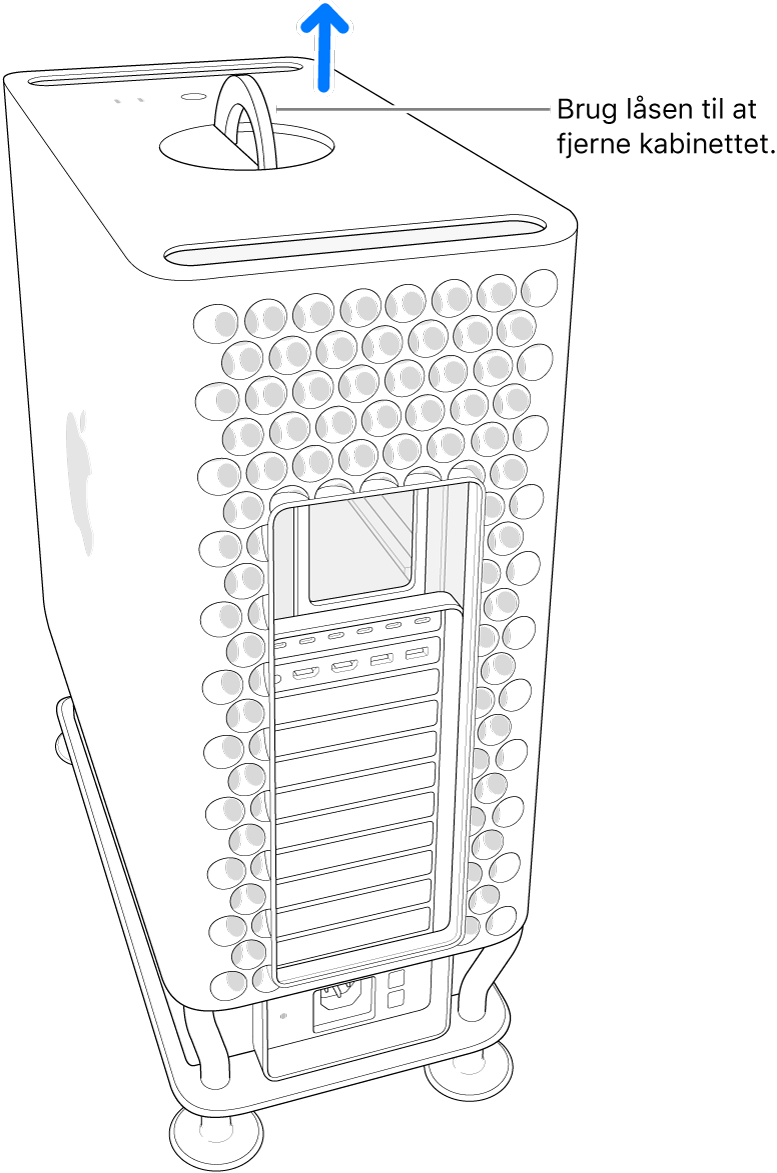 Låsen er roteret og står opret, og kabinettet løftes af computeren.