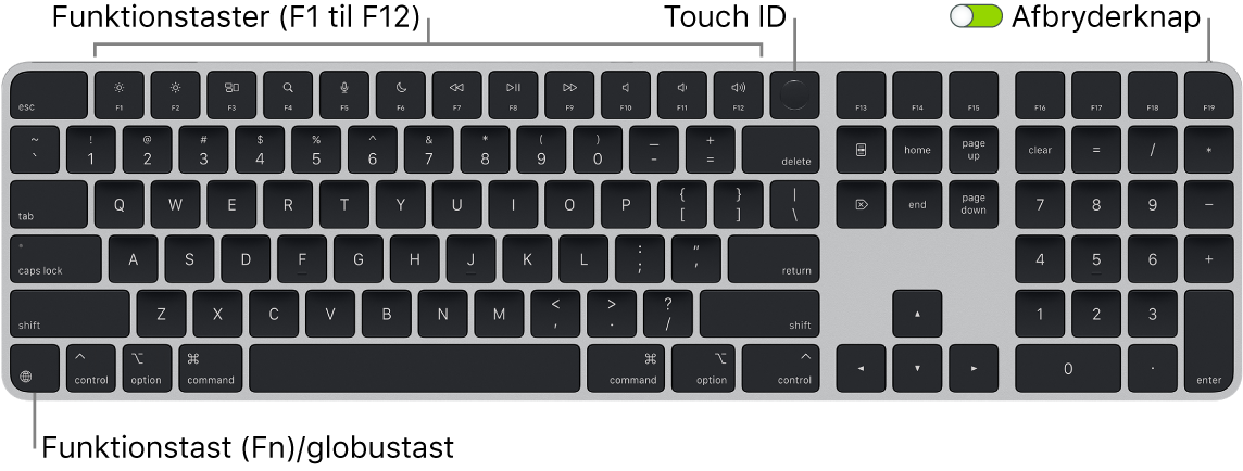 Magic Keyboard med Touch ID og numerisk blok, som viser rækken med funktionstaster og Touch ID øverst samt Funktionstasten (Fn)/globustasten nederst til venstre.