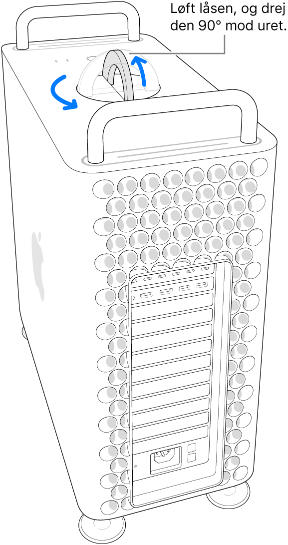 Det første trin for at fjerne computerens kabinet ved at løfte og dreje låsen 90 grader.