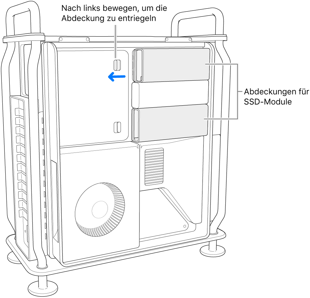 Der Schalter wird nach links bewegt, um die SSD-Abdeckung zu entsperren.